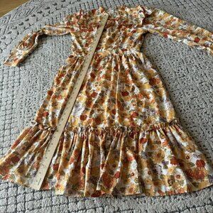 Vintage Boho Floral Long-Sleeve Ruffle Dress Autumn Colors‎ Made in USA Small